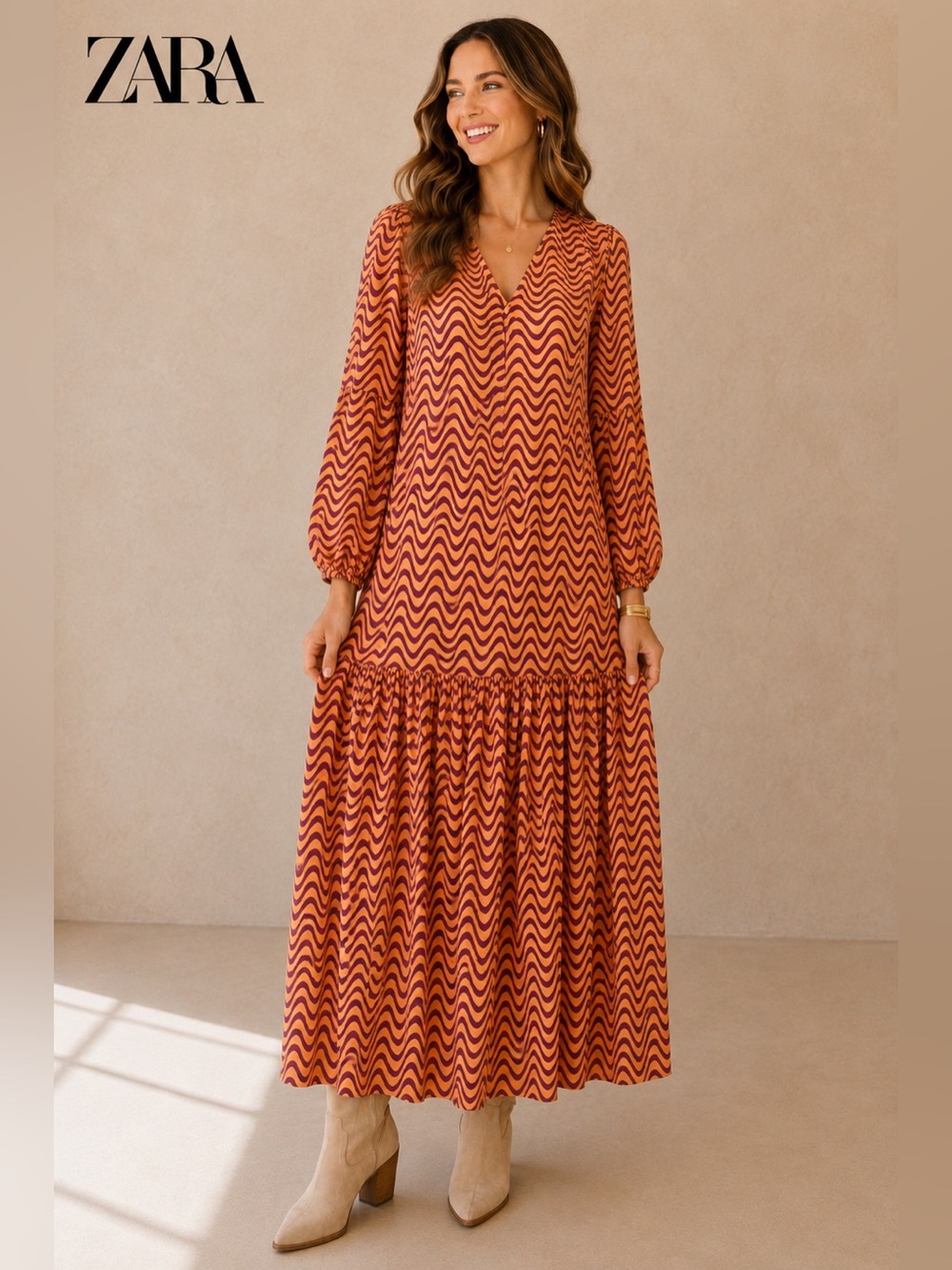 Zara Wavy Print Tiered Maxi Dress